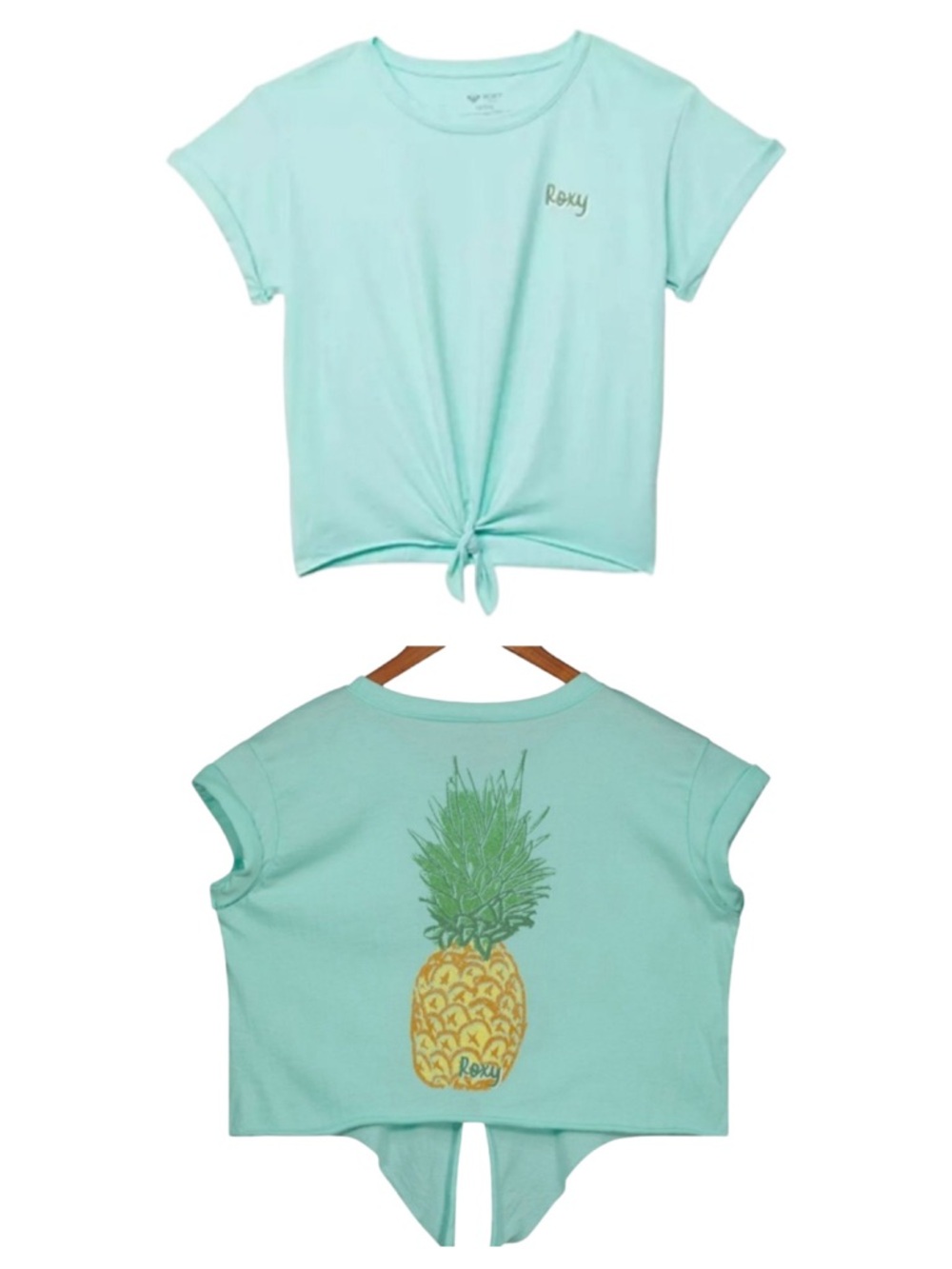 Roxy Girl Colorful Pineapple Tie-Front Graphic Tee Mint Aqua Youth Small NWT